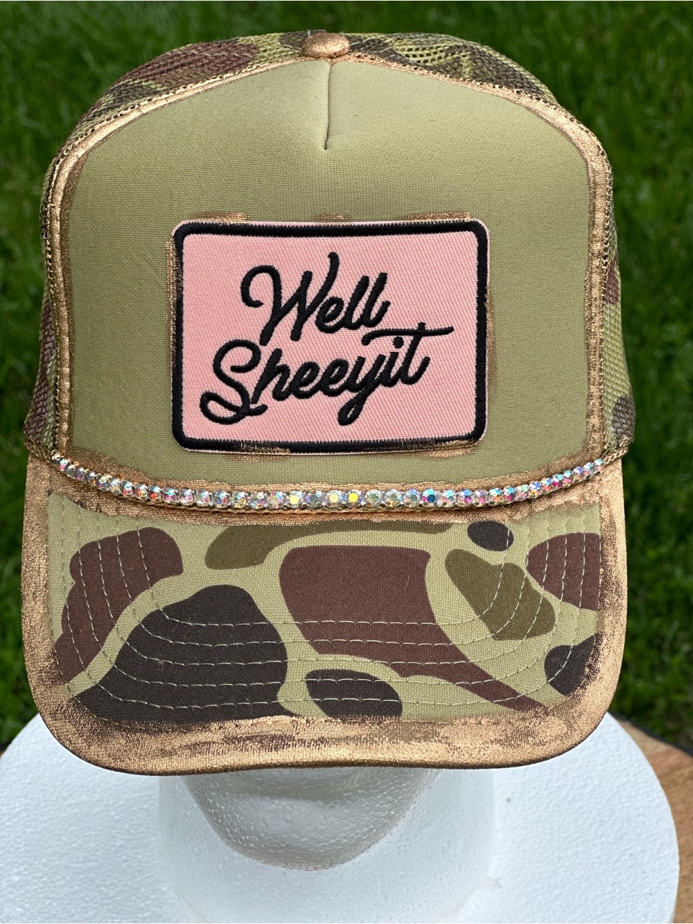 OTTO Olive Green Camo Trucker Hat with Pink/Peach Patch and Rhinestone Trim - Picture 2 of 3